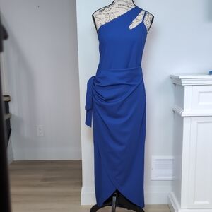 GRACE KARIN | Women's Cobalt Blue One Shoulder Front Faux Wrap Midi Dress